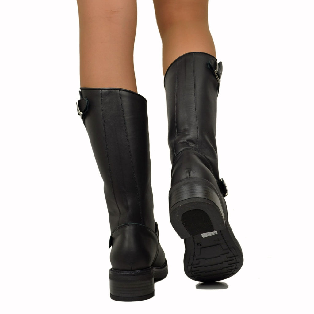 Police Women's Biker Boots in Black Leather Made in Italy - 4