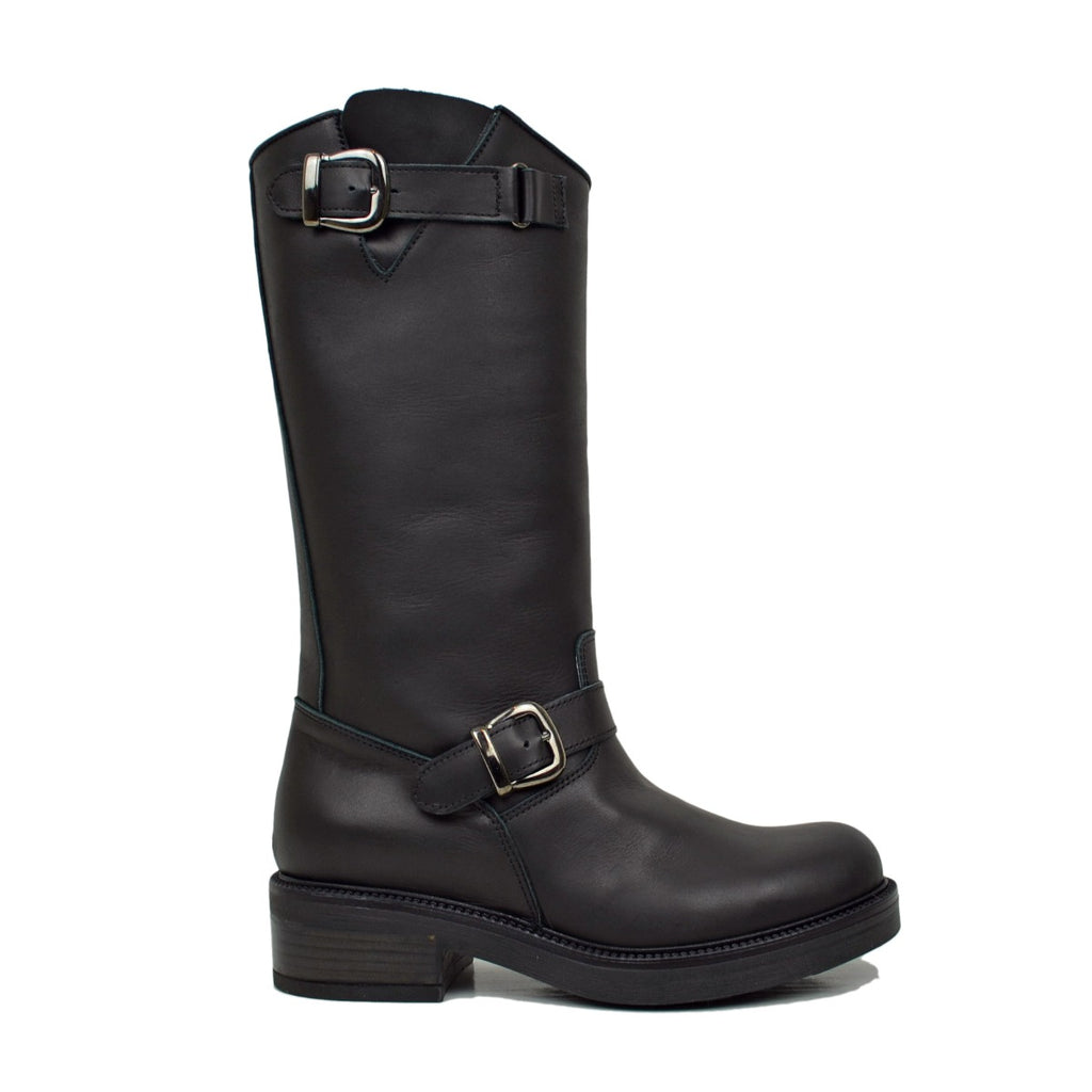Police Women's Biker Boots in Black Leather Made in Italy - 2
