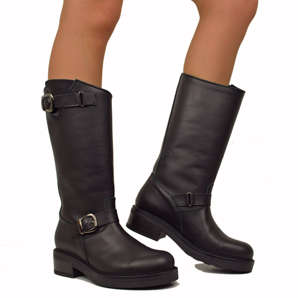Police Women's Biker Boots in Black Leather Made in Italy - 5