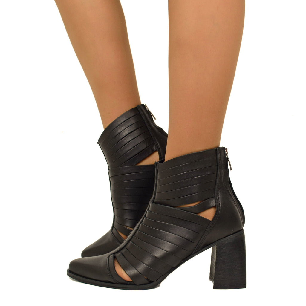 Women's Black Open Ankle Boots with Leather Bands Made in Italy