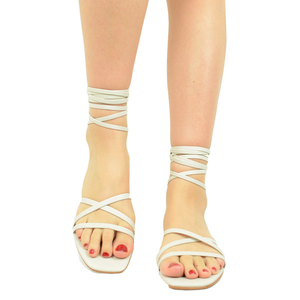 Women's White Slave Sandals with Leather Straps - 4