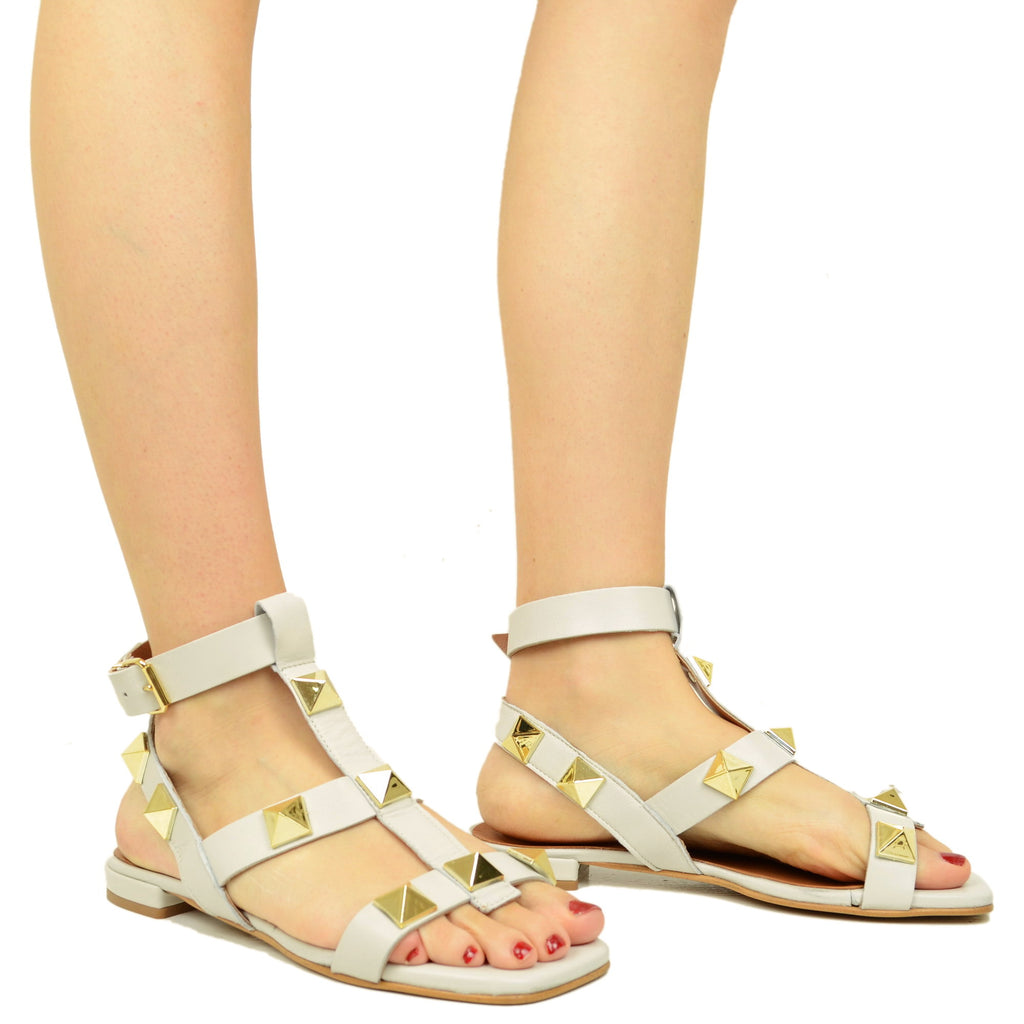 Women's Sandals with Pyramid Studs in White Leather - 4