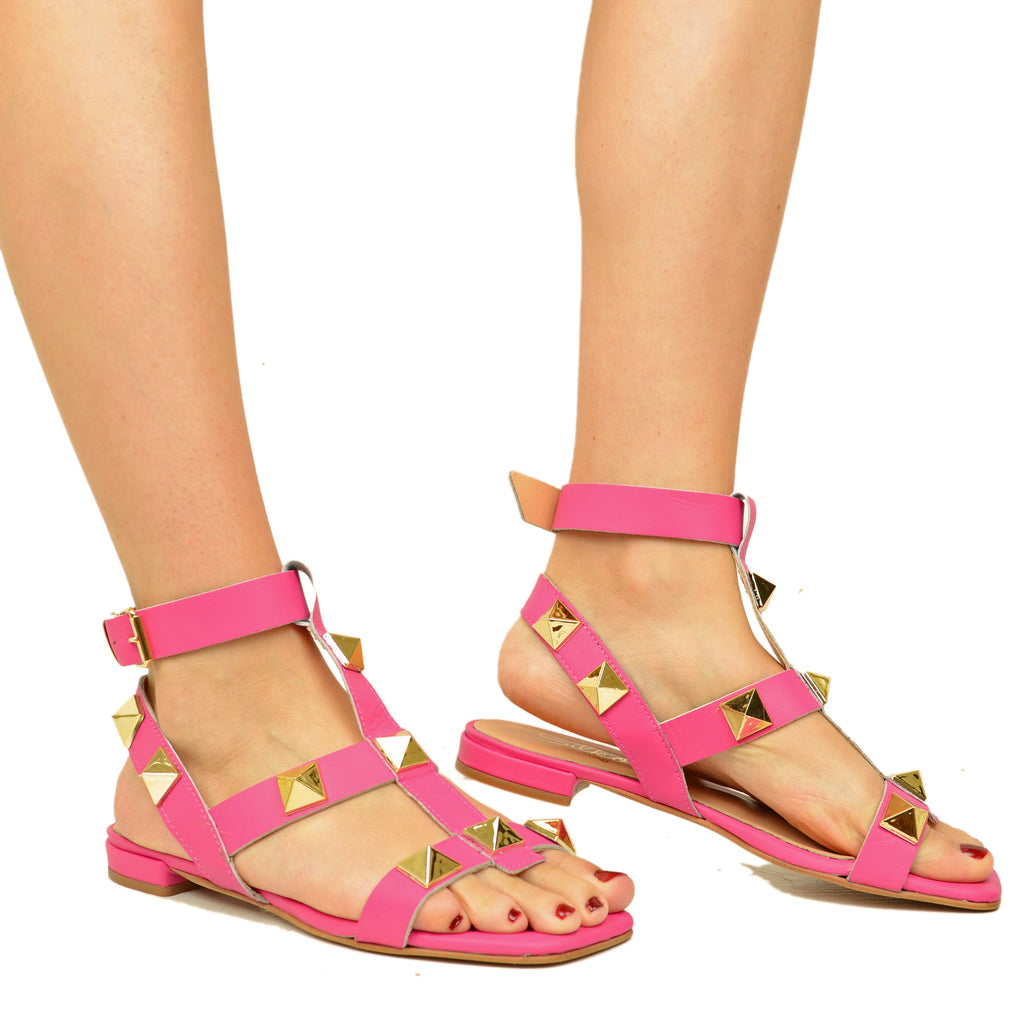 Women's Fuchsia Sandals with Pyramid Studs Made in Italy - 4
