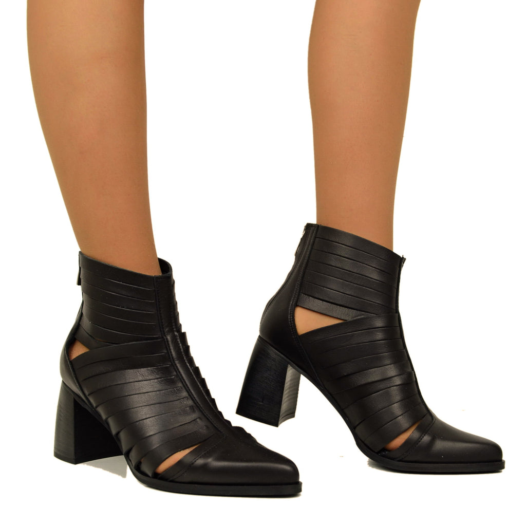 Women's Black Open Ankle Boots with Leather Bands Made in Italy - 2
