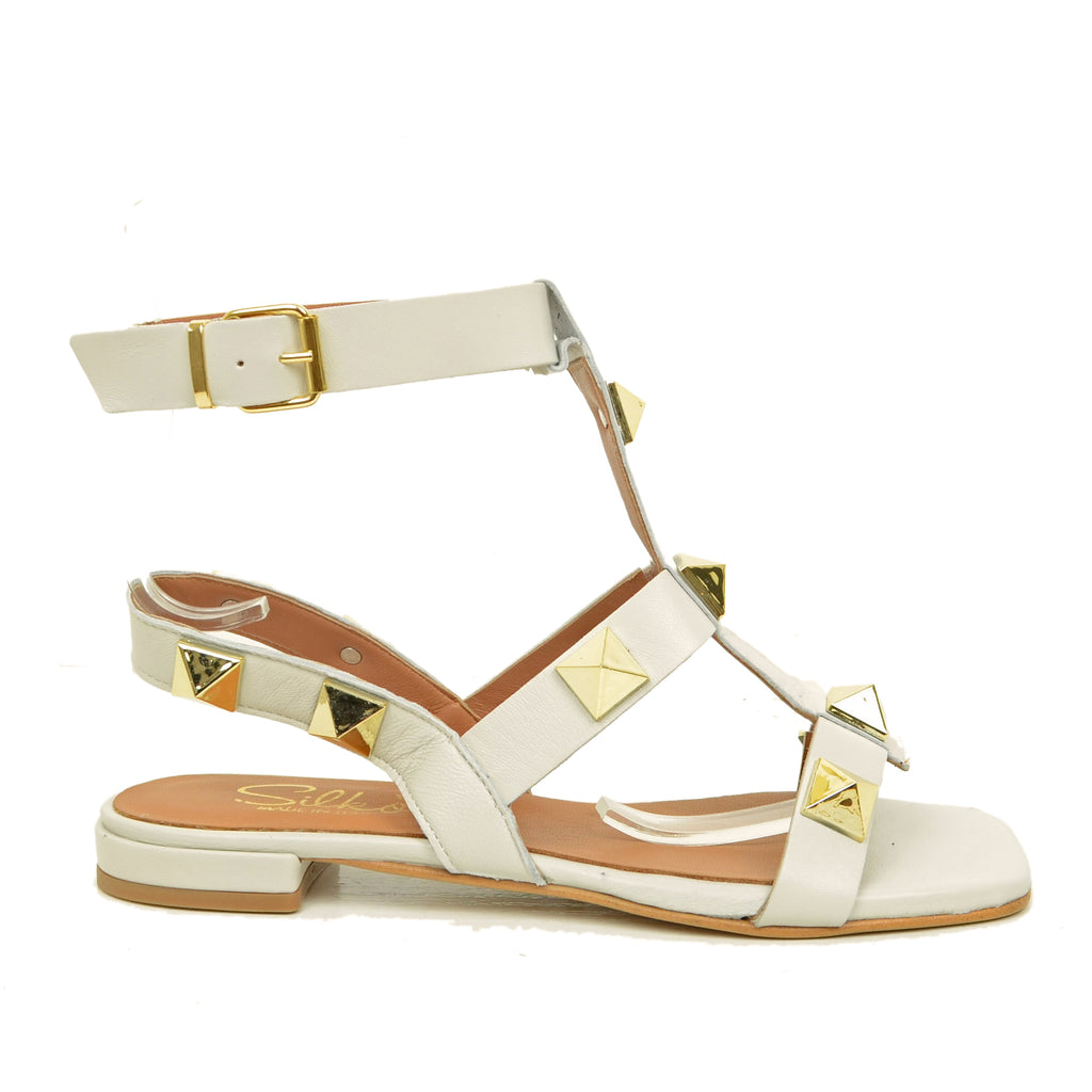 Women's Sandals with Pyramid Studs in White Leather - 2
