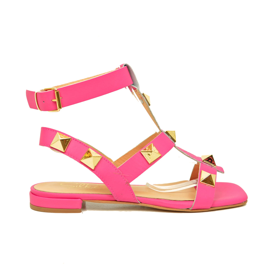 Women's Fuchsia Sandals with Pyramid Studs Made in Italy - 2