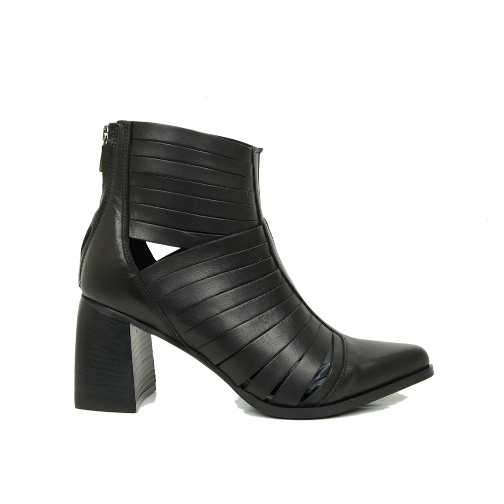 Women's Black Open Ankle Boots with Leather Bands Made in Italy - 4