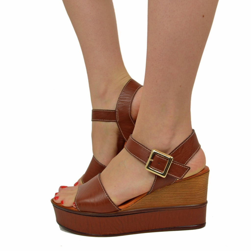 Women's Platform Sandals with Dark Brown Leather Strap