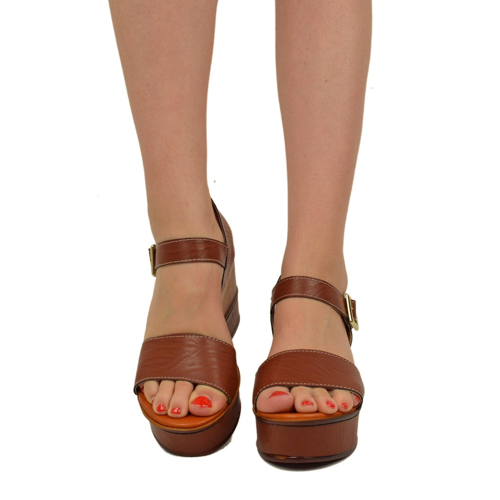 Women's Platform Sandals with Dark Brown Leather Strap - 3