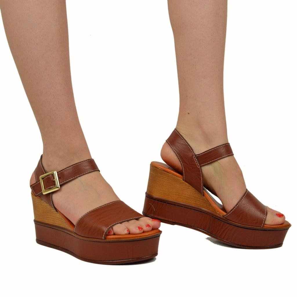 Women's Platform Sandals with Dark Brown Leather Strap - 4