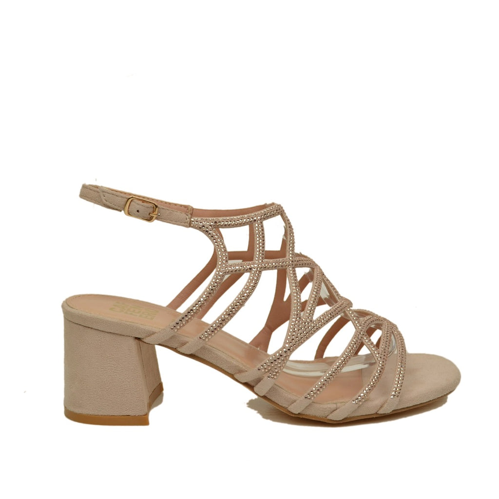 Powder-colored Women's Sandals with Medium Heel and Rhinestones - 2
