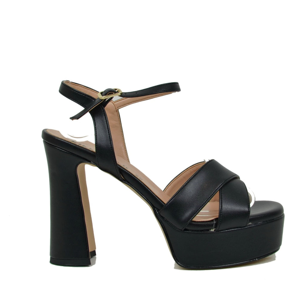 Women's Black Leather Sandals with Platform and Adjustable Strap - 2