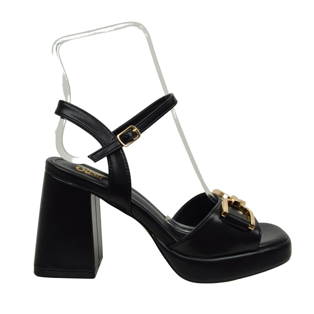 Women's Black Sandals with Chain and Strap - 2