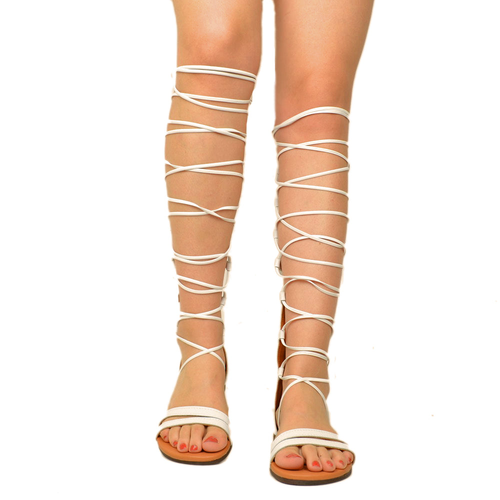 Sommer-Sklavensandalen für Damen mit weißen Lederschnürsenkeln - 3