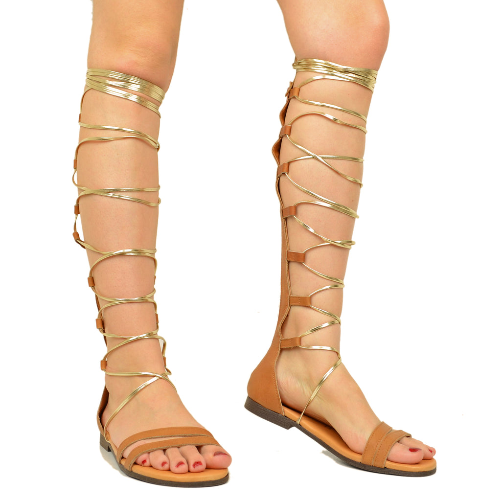 Sommer-Sklavensandalen für Damen mit Schnürsenkeln aus hellbraunem Leder - 5