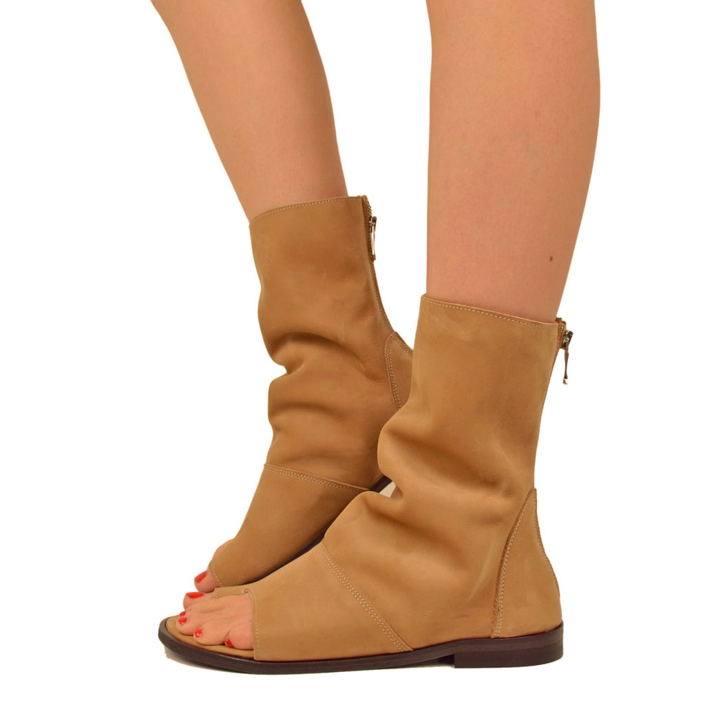 Women's Sand-colored Nubuck Leather Ankle Boots with Zip