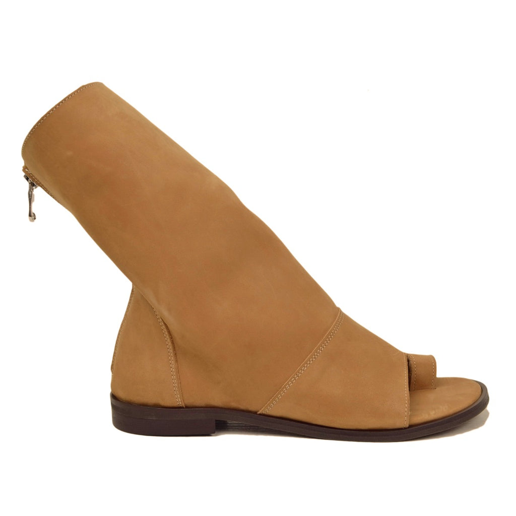 Women's Sand-colored Nubuck Leather Ankle Boots with Zip - 4