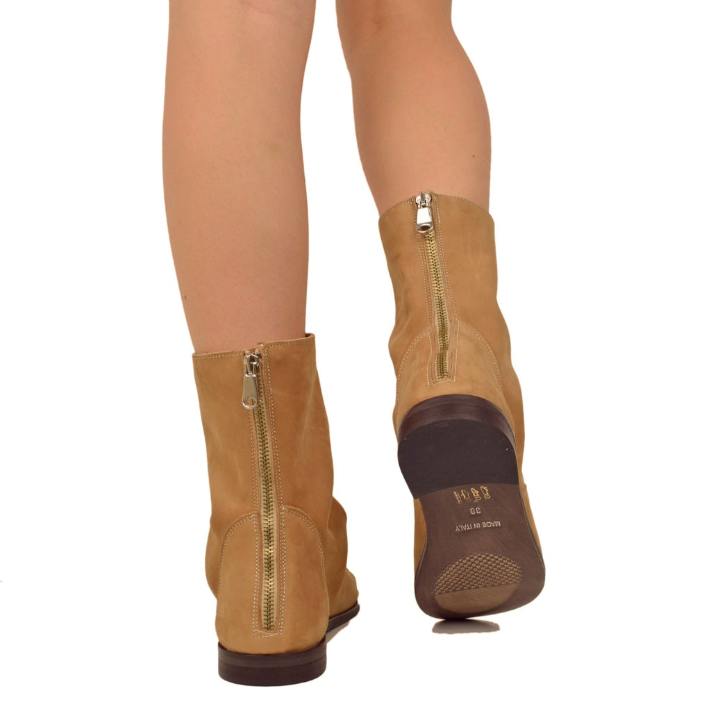 Women's Sand-colored Nubuck Leather Ankle Boots with Zip - 5