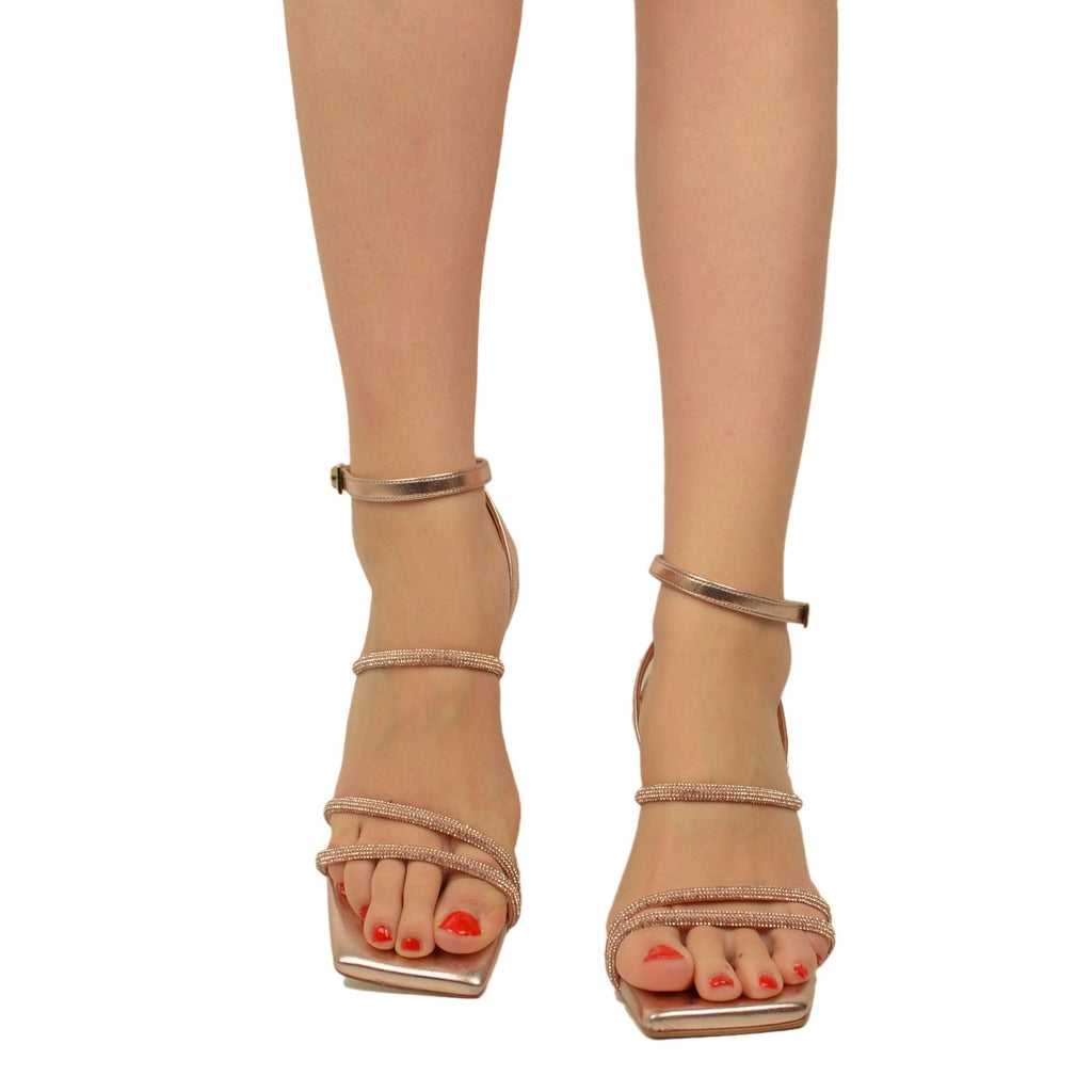 Elegant Women's Sandals Powder with Rhinestones and Squared Toe - 2
