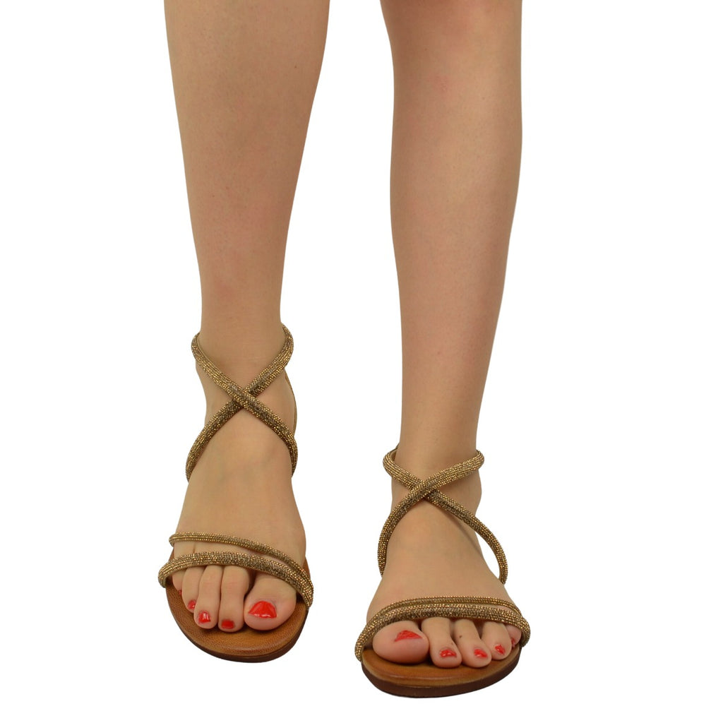 Golden Women's Sandals in Suede with Rhinestones Made in Italy - 2