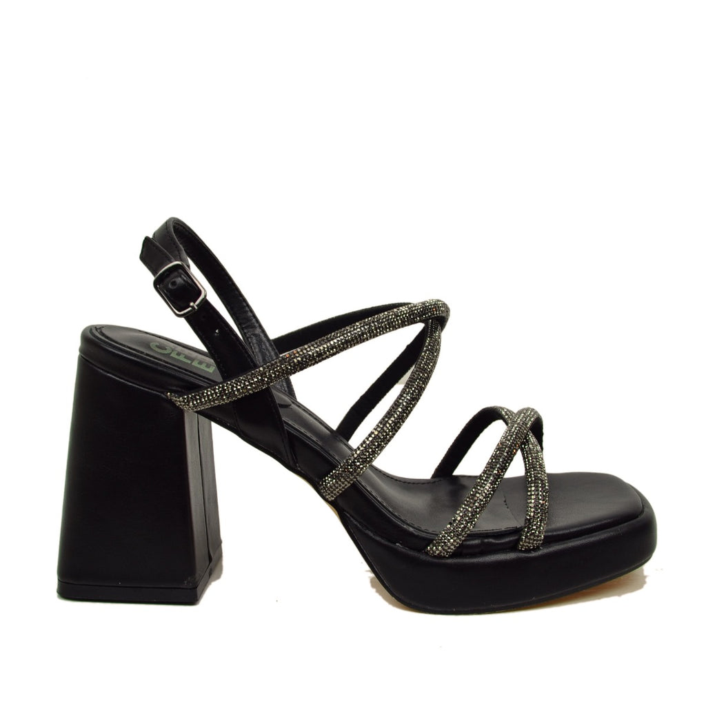 Women's Black Sandals with Rhinestones and Wide Heel - 2