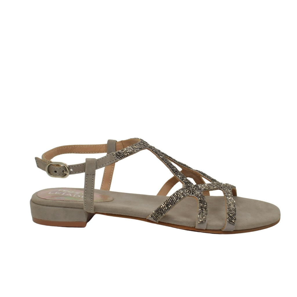 Women's Taupe Sandals with Low Heel and Beads - 3