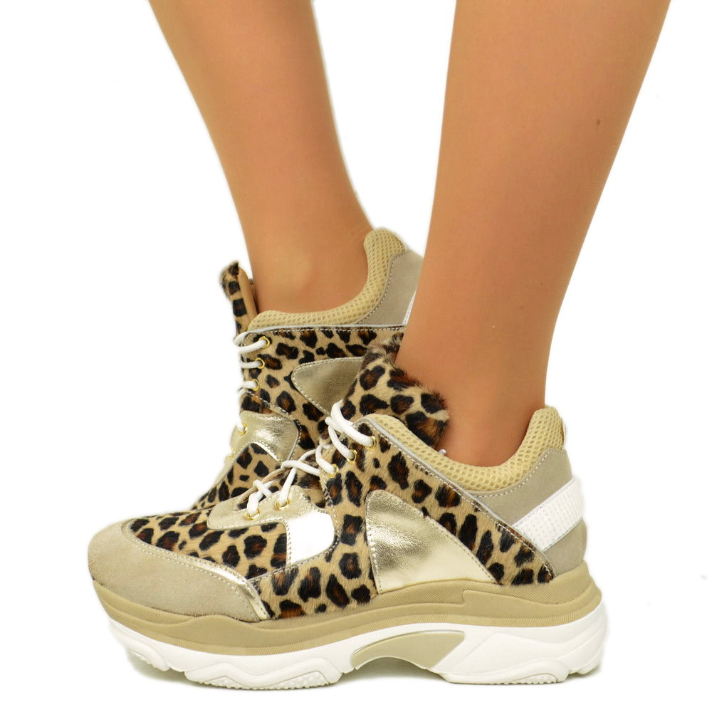 Damen-Sneaker mit Leopardenmuster und Schnürung, Plateausohle, hergestellt in Italien