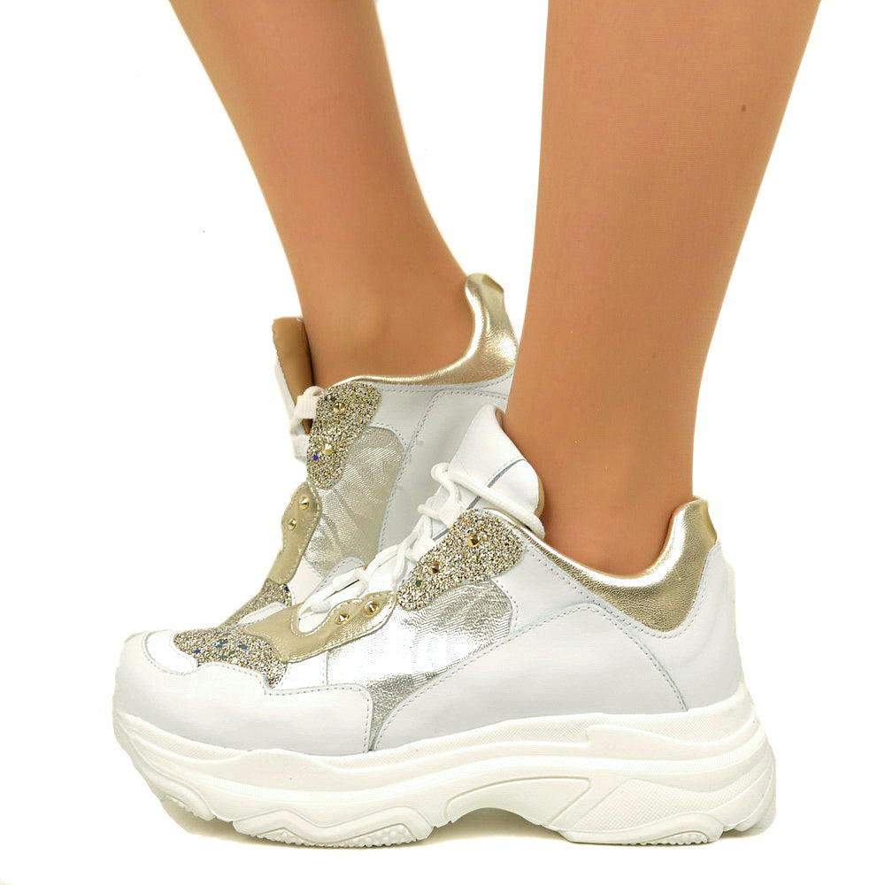 Gold Women's Sneakers with Laces Platform Bottom Made in Italy