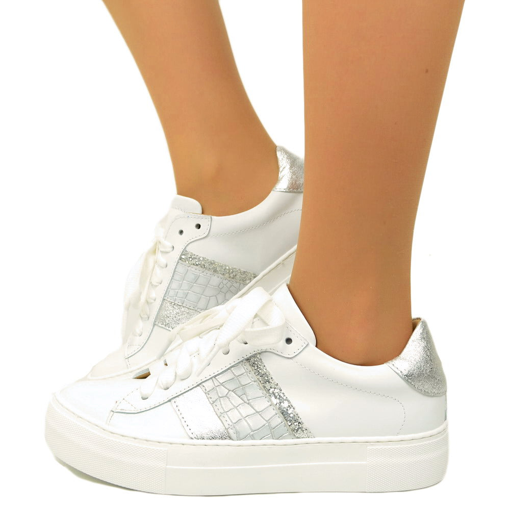 Weiße Damen-Sneaker mit silbernem Glitzer, hergestellt in Italien