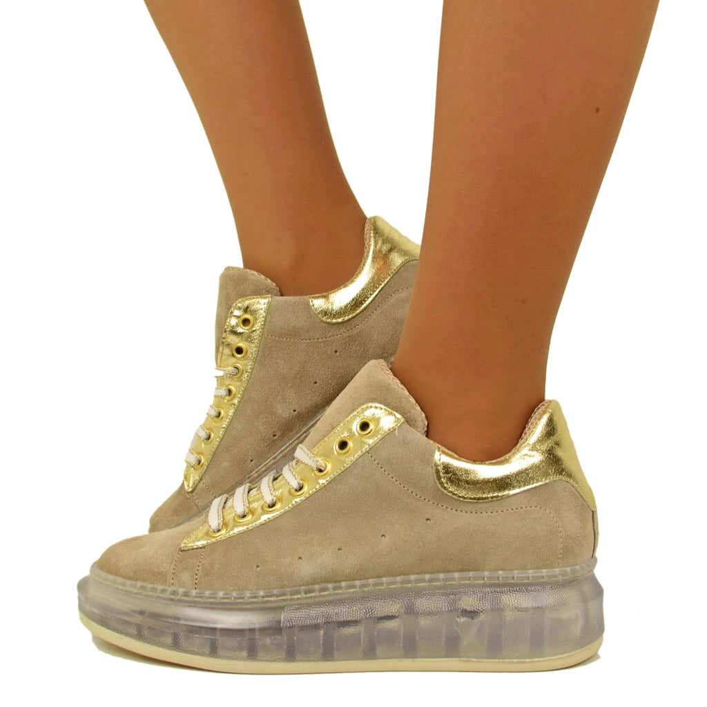 Women's Beige Suede Sneakers with Platinum-colored heel