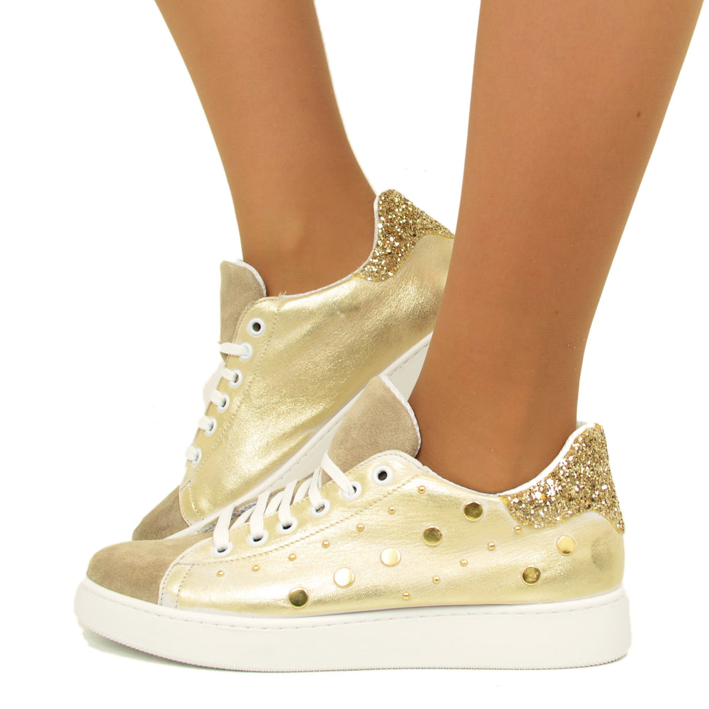Women's Sneakers in Platinum Leather with Studs and Glitter