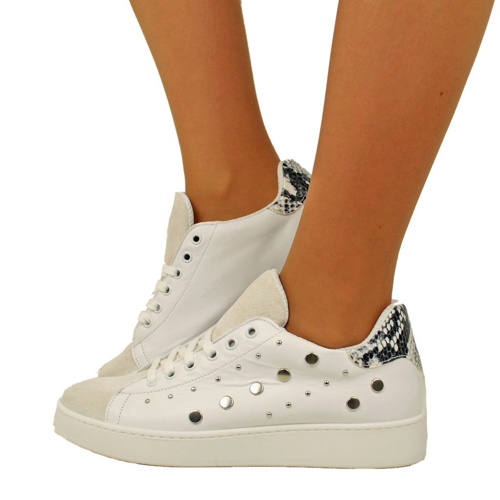 White Women's Sneakers with Python Printed Heel