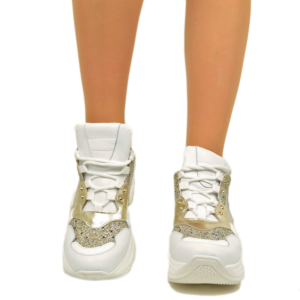 Gold Women's Sneakers with Laces Platform Bottom Made in Italy - 5