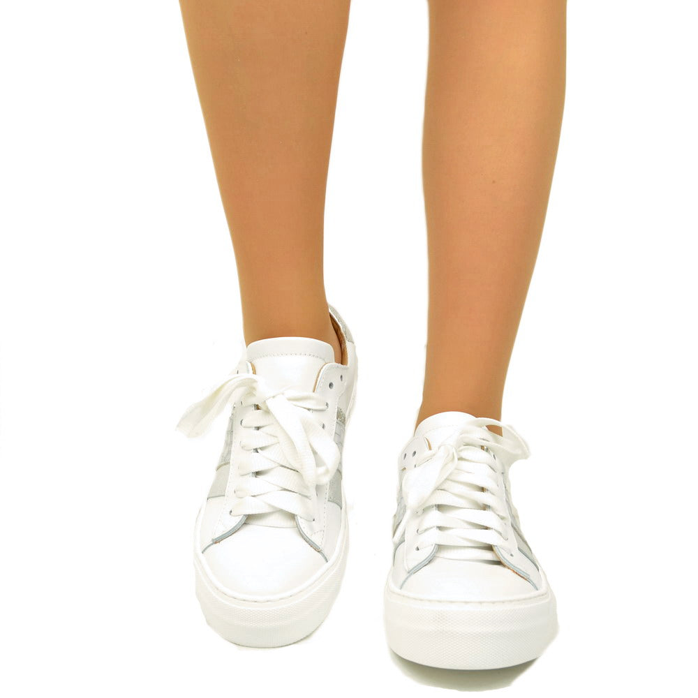 Weiße Damen-Sneaker mit silbernem Glitzer, hergestellt in Italien - 4