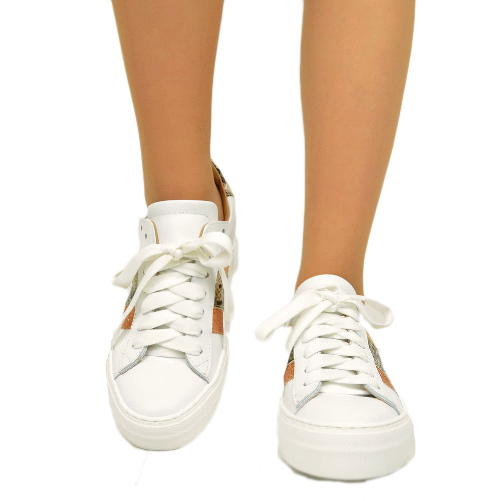 Weiße Damen-Sneaker mit bronzefarbenem Glitzer aus Leder, hergestellt in Italien - 3
