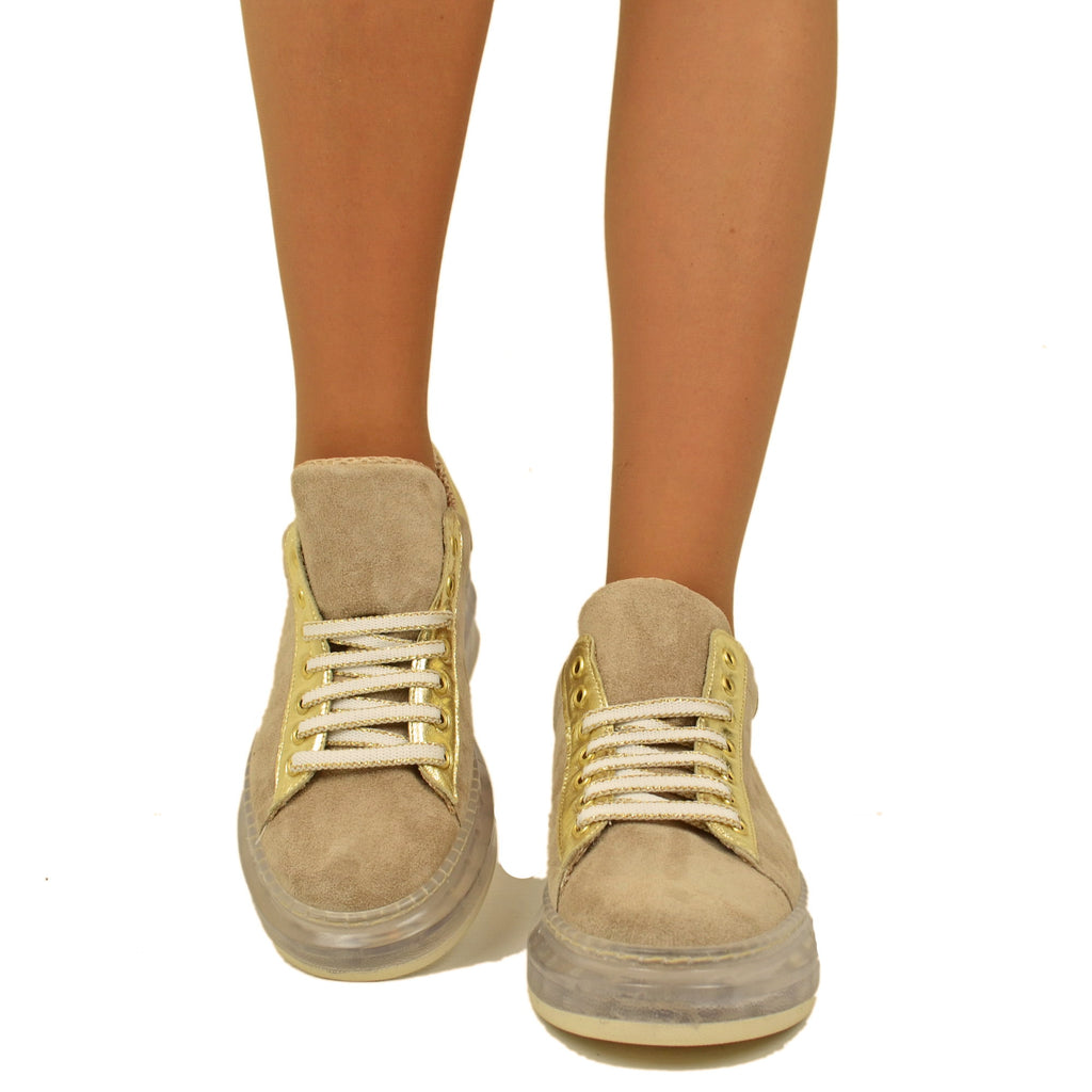 Women's Beige Suede Sneakers with Platinum-colored heel - 5