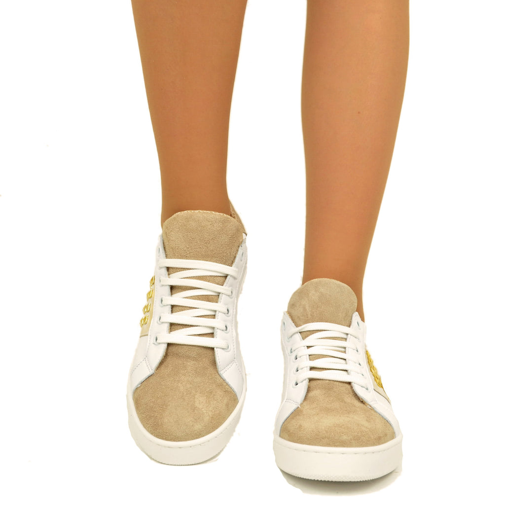 Women's White Sneakers and Beige Suede with Studs - 3