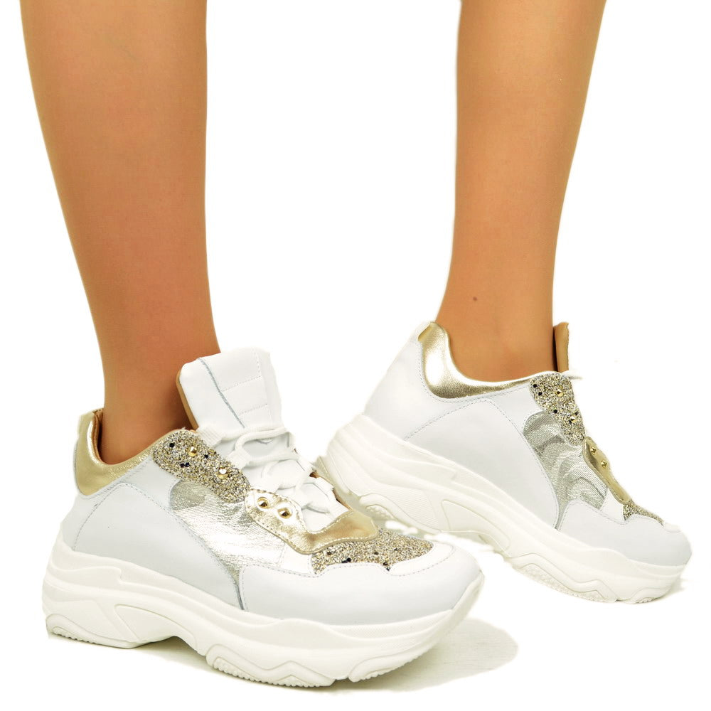 Goldene Damen-Sneaker mit Schnürsenkel und Plateausohle, hergestellt in Italien - 2