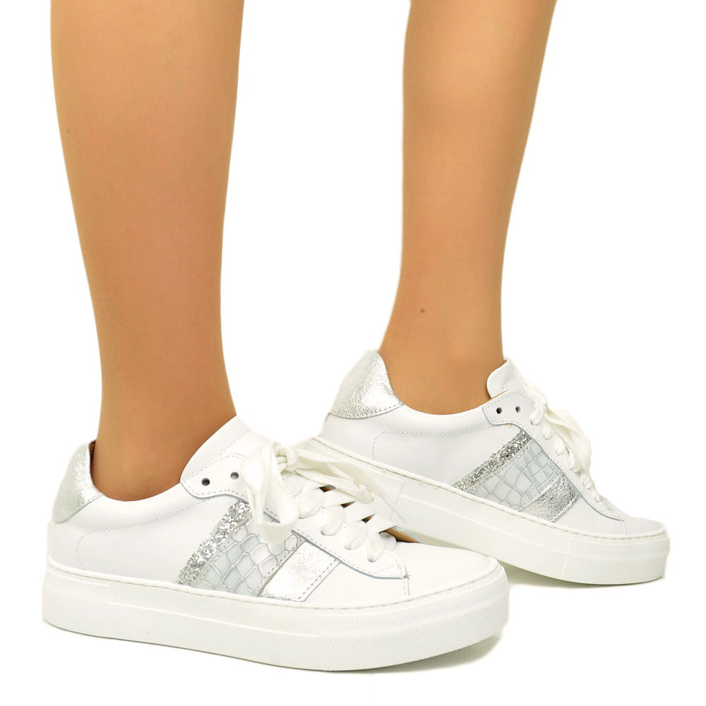 White Women's Sneakers with Silver Glitter Made in Italy - 3