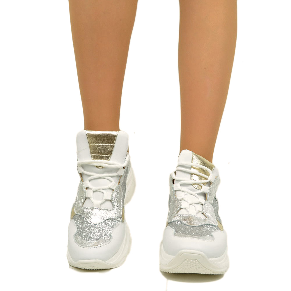 Women's Silver Sneakers with Laces Platform Bottom Made in Italy - 5