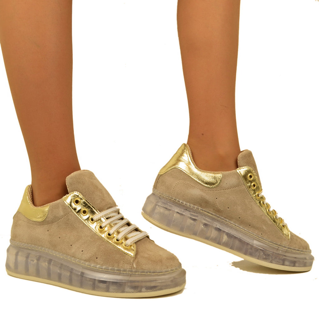 Women's Beige Suede Sneakers with Platinum-colored heel - 3
