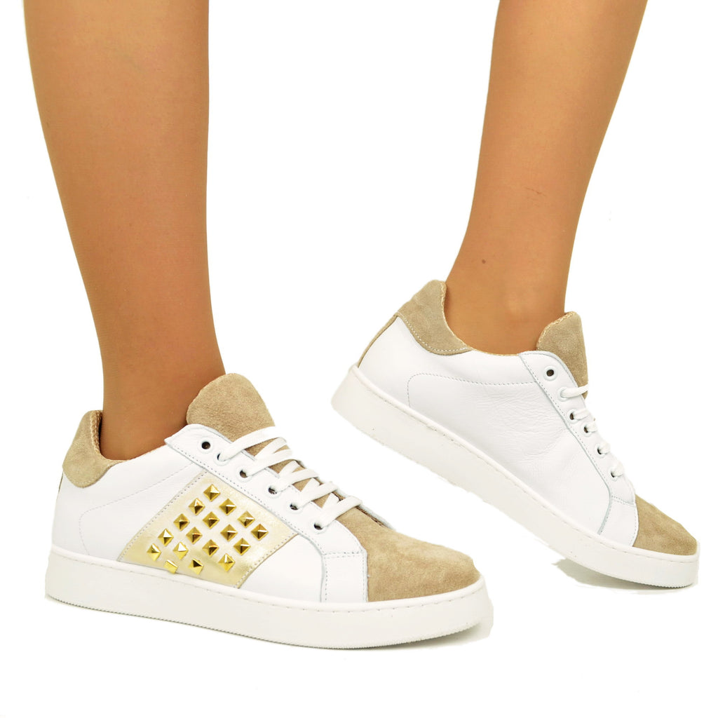 Women's White Sneakers and Beige Suede with Studs - 5