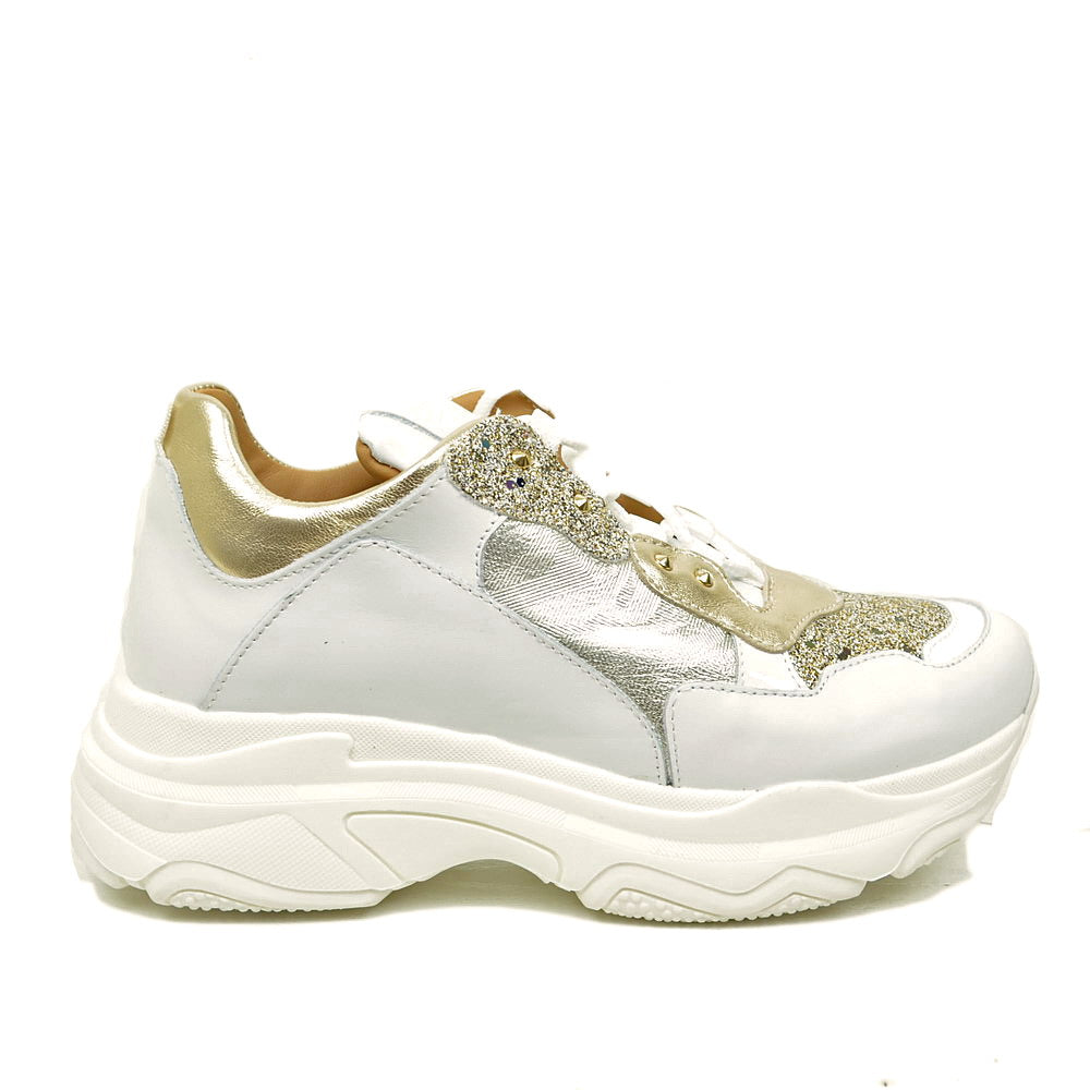 Goldene Damen-Sneaker mit Schnürsenkel und Plateausohle, hergestellt in Italien - 3