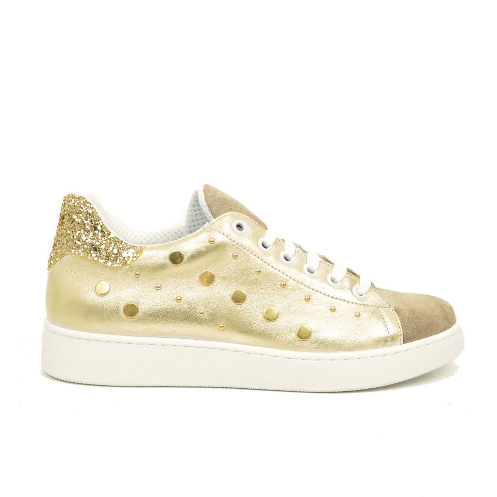 Women's Sneakers in Platinum Leather with Studs and Glitter - 2