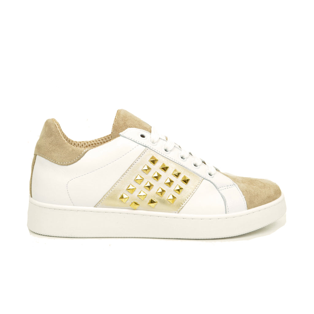 Women's White Sneakers and Beige Suede with Studs - 2