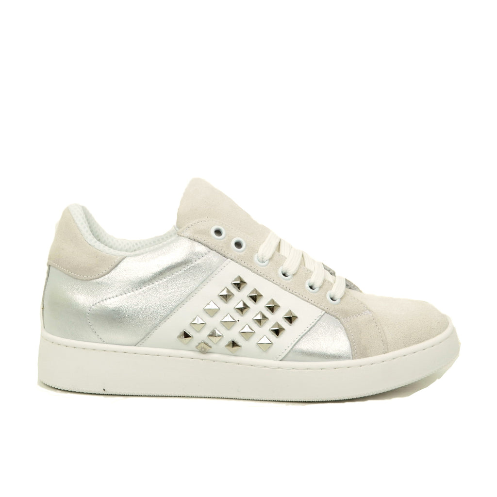 Women's Sneakers in Silver and Beige Suede with Studs - 2