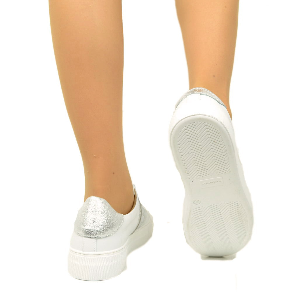 Weiße Damen-Sneaker mit silbernem Glitzer, hergestellt in Italien - 5