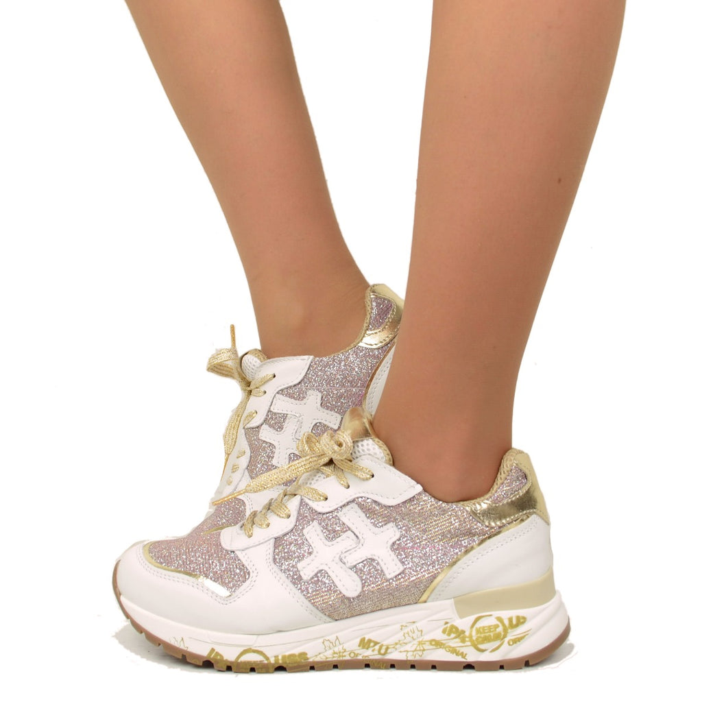 Women's Sneakers in White Leather with Pink Glitter Made in Italy