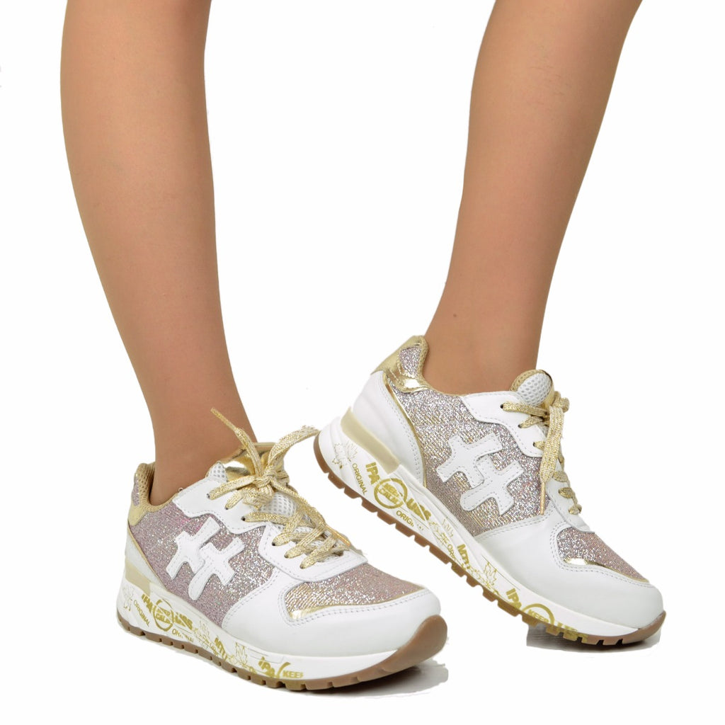 Women's Sneakers in White Leather with Pink Glitter Made in Italy - 3