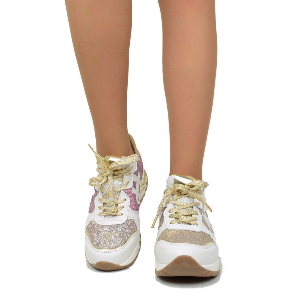 Women's Sneakers in White Leather with Pink Glitter Made in Italy - 4